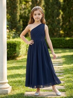 Girls One-Shoulder Navy Chiffon Dress